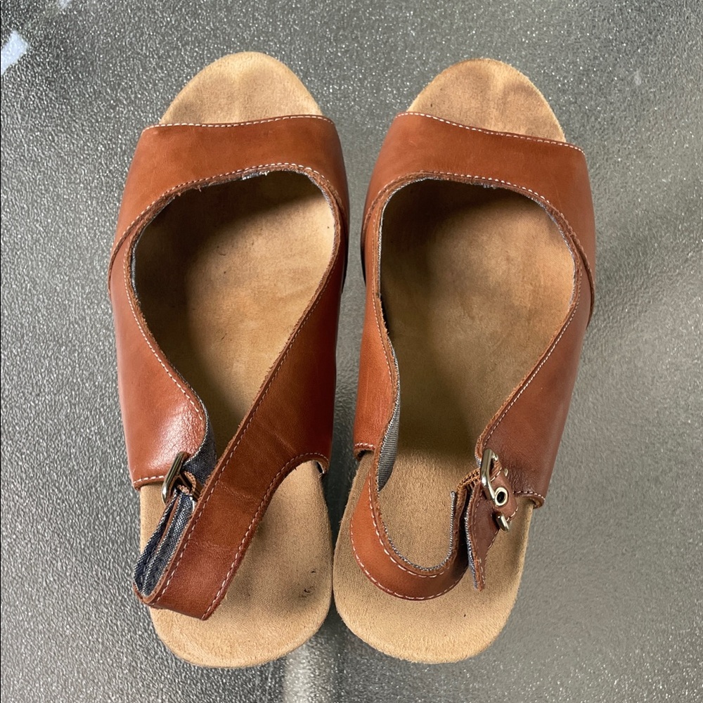 Dr. Scholl's Tan Leather Wedge Sandals - Picture 7 of 12